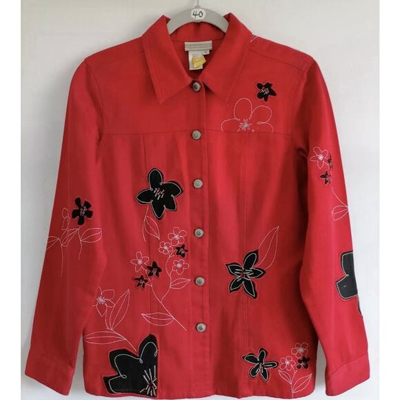 Coldwater Creek Women's Red Floral Jean Jacket Button Up Long Sleeve Size Small - Picture 1 of 8
